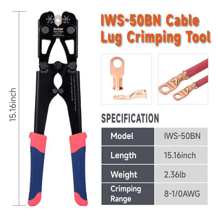 IWS-50BN Battery Cable Lug Crimping Tool for 8, 6, 4, 2, 1, 1/0 AWG Copper Cable Lugs, Battery Terminal Crimper