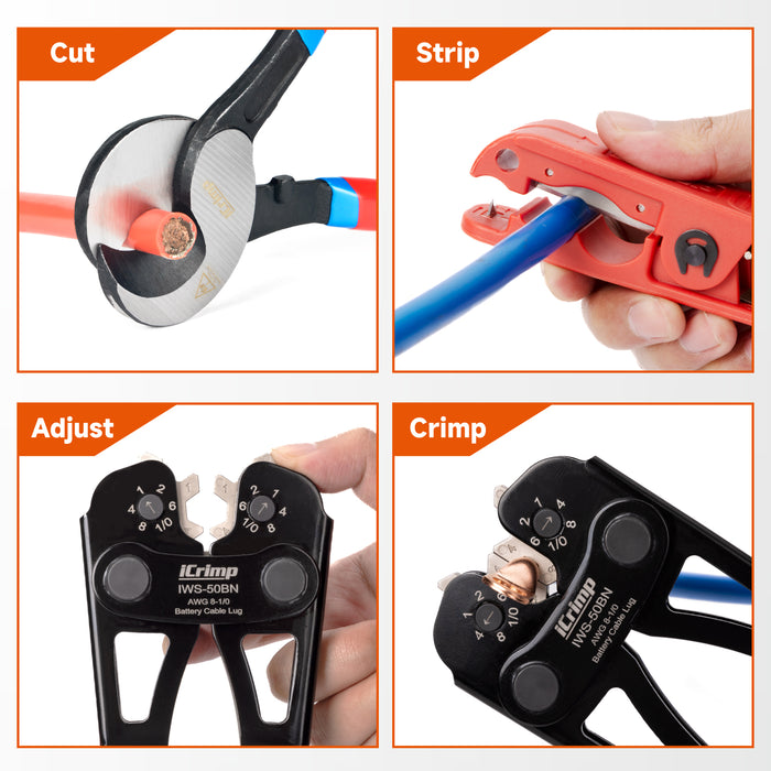 IWS-50BN Battery Cable Lug Crimping Tool for 8, 6, 4, 2, 1, 1/0 AWG Copper Cable Lugs, Battery Terminal Crimper