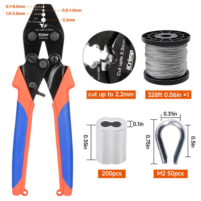 CWR1522 328ft Wire Rope Crimping Tool Kit, Stainless Steel Wire Rope Cable with Aluminum Crimping Sleeves and Stainless Steel Thimbles