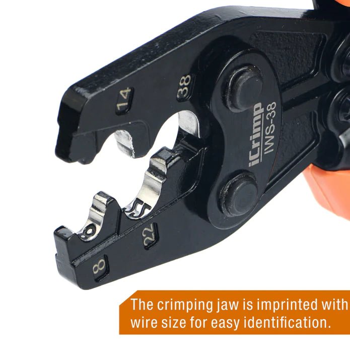 The crimping jaw is imprinted with Wire size for easy identification