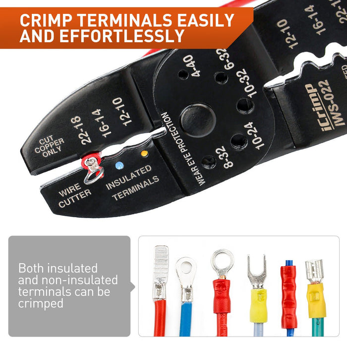 IWS-022 Outil multifonction 5 en 1, dénudeur de fil, coupe-fil, sertisseuse pour bornes isolées et non isolées AWG22-10