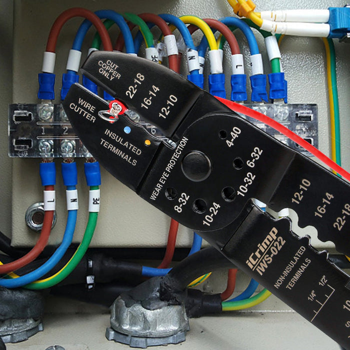 IWS-022 Outil multifonction 5 en 1, dénudeur de fil, coupe-fil, sertisseuse pour bornes isolées et non isolées AWG22-10