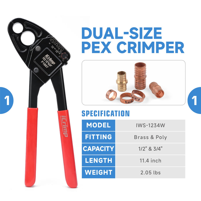 ICP-1234AH Kit d'outils de sertissage PEX double taille pour anneaux de sertissage en cuivre 1/2" et 3/4", avec outil de retrait PEX et coupeur