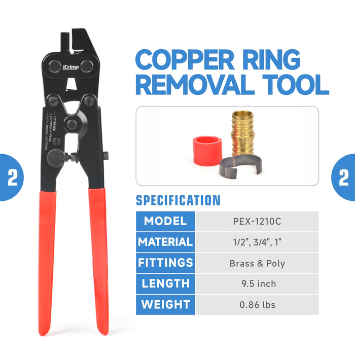 ICP-1234AH Kit d'outils de sertissage PEX double taille pour anneaux de sertissage en cuivre 1/2" et 3/4", avec outil de retrait PEX et coupeur