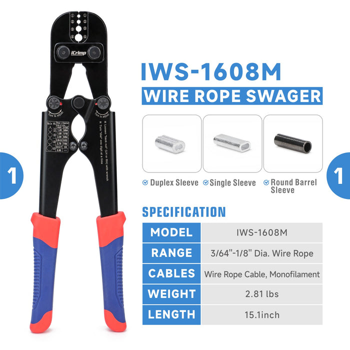 ICP-1608MTK Kit d'outils de sertissage de câbles métalliques avec presse-câble métallique, coupe-câble métallique et manchons à boucle en aluminium 3/64'',1/16'',5/64'', 3/32'',7/64'',1/8 ''